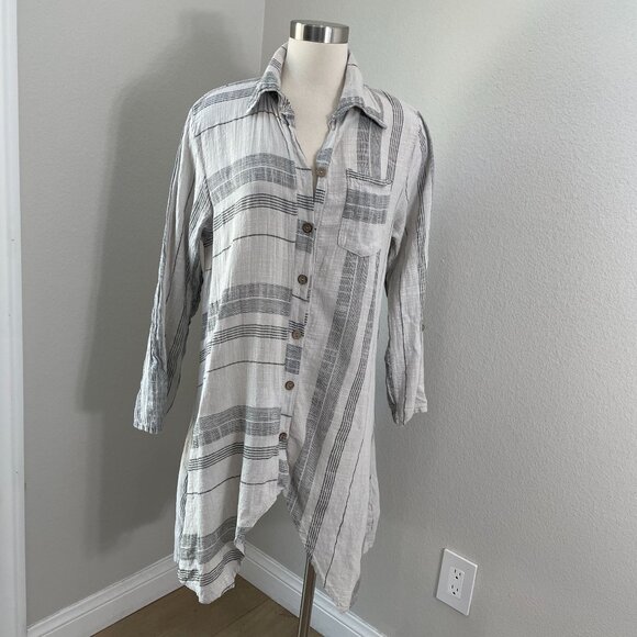 Saga Womens OS Made In Italy 100% Linen Striped Long Shirt Tunic Top Button Back - Picture 1 of 12